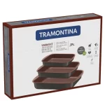 חזית אריזת סט התבניות, המציינת את תכונות הציפוי ללא רעלים (PFOA Free) ואת היותן נערמות לאחסון קל.