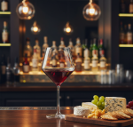 כוס יין פיור 700 תוצרת שוט זוייזל מלאה ביין אדום מוגשת לצד פלטת גבינות וענבים עסיסיים