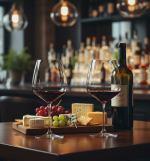 שתי כוסות יין קריסטל מלאות ביין אדום מונחות על שולחן בר גבוהה לצד בקבוק יין עם קרקרים וגבינות