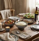 שולחן אוכל יוקרתי עם כלי הגשה בגווני תכלת וחימר מבית Life Concept.