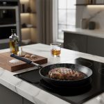 סטייק אנטריקוט נצרב על מחבת ברזל לוהטת לצד כוס וויסקי