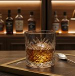 כוס וויסקי Arcoroc בבר יוקרתי, משקה וקרח.