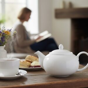 קנקן פורצלן לבן קלאסי המונח על מפת שולחן רקומה בסגנון וינטג'.