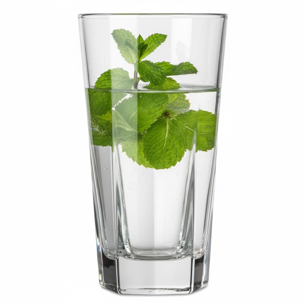 תמונת תקריב של כוס שתייה ארוכה מזכוכית שקופה, בעלת עיצוב זוויתי בתחתית ובסיס משושה, מוארת היטב על רקע נקי ובהיר.