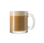 צילום תקריב של ספל לאטה זכוכית של המותג בורגונובו.