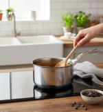 קלחת יוקרתית עם שפה מעוגלת למזיגה נוחה ומדויקת ישירות לצלחת, כלי חובה של De Buyer.