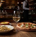 תקריב של שפת הכוס העדינה וקערת היין הנדיבה של כוס Salute, המכילה יין לבן צונן, המרמז על חווית טעימה איכותית באווירת מסעדה.