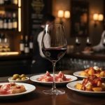 הצגה אלגנטית: כוס יין אדום מדגם Salute של שפיגלאו, מונחת על שולחן עץ כהה ומבריק במסעדה יוקרתית, מדגישה את גוון היין.