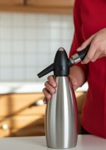 תקריב של יד (חולצה אדומה, שעון מתכת) המבריגה בלון גז קטן לראש של סיפון סודה במטבח