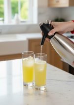 מזיגת מי סודה מוגזים ומרעננים ישירות מסיפון הסודה (iSi) לתוך כוס שקופה. המים נראים מבעבעים, ומדגימים את עוצמת ההגזה של המכשיר