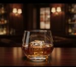 Chef & Sommelier Limas glass filled with amber whiskey and a large ice cube, resting on a polished wooden luxury bar counter.