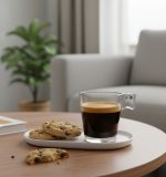 ספל אספרסו Arcoroc מזכוכית מחוסמת 80 מ"ל, מלא קפה, מוגש לצד עוגיות בסלון ביתי.