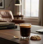 כוס זכוכית לקפה מבית Onis משתלבת בעיצוב פנים יוקרתי של חדר ישיבות.