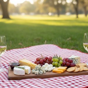 מראה מלמעלה של פלטת אירוח מעץ מלא בפיקניק, מונחת על מפת שחמט אדומה-לבנה.