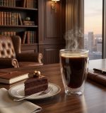 מאג זכוכית תרמית דגם לונדון מבית ALFA עם תה מהביל ועוגה על שולחן.