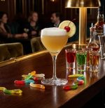 31P8006 כוס וויסקי סאוור מעוטרת על רקע בקבוקי אלכוהול וברמנים בבר קוקטיילים תוסס.