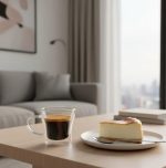 מבט מזווית גבוהה על אספרסו בספל ה"סופיה" (80 מ"ל) של ALFA, ליד עוגת גבינה קטיפתית, משקף אווירה נינוחה ואיכותית בסלון הביתי.