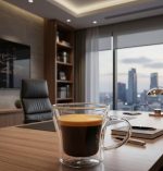 ספל אספרסו "סופיה" של ALFA, המכיל אספרסו עם קרמה, מונח על שולחן עבודה מעץ כהה או שיש במשרד יוקרתי ומודרני.