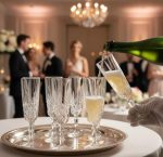 כוס Noblesse של Nachtmann, עשויה קריסטל גרמני עם עיטורי פסים, מוגשת במסעדה יוקרתית.