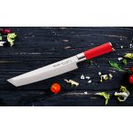 צילום תקריב של סכין טנטו Red Spirit, המדגיש את הלהב הישר, את הקצה המחודד ואת הידית האדומה.