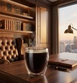 הפסקת קפה בסטייל: מאג זכוכית כפולה ALFA מלא באמריקנו בסביבת עבודה מעוצבת.