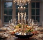 רגע של איכות: דקנטר ייין מעוצב מונח על מפת שולחן בערב חגיגי.