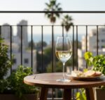 אחר צהריים תל אביבי עם כוס יין לבן מעוצבת על מרפסת שמשקיפה לעיר.