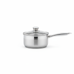 סיר רוטב מבריק מנירוסטה בגודל 16 ס"מ. לסיר ידית ארוכה ומכסה זכוכית עם שפת נירוסטה וידית.