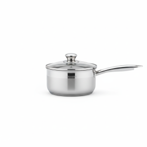 סיר רוטב מבריק מנירוסטה בגודל 16 ס"מ. לסיר ידית ארוכה ומכסה זכוכית עם שפת נירוסטה וידית.