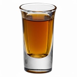 כוס צ'ייסר של Libbey מלאה בטקילה או וודקה, על משטח עץ מבריק, המוכנה להגשה במסיבה ביתית