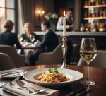 כוס יין אוניברסלית Spiegelau Salute עם יין לבן, מונחת על שולחן במסעדת שף יוקרתית לצד צלחת פסטה גורמה.