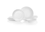 Corelle Linen Weave סט כלי אוכל 18 חלקים. כלים עגולים לבנים עם תבליט פסים עדין, המיוצרים בטכנולוגיית Vitrelle העמידה לשבירה.