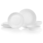 Corelle Linen Weave סט כלי אוכל 18 חלקים. כלים עגולים לבנים עם תבליט פסים עדין, המיוצרים בטכנולוגיית Vitrelle העמידה לשבירה.