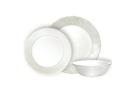 סט כלי אוכל Corelle Knox 18 חלקים. כלים עגולים לבנים עם דפוס משושים עדין בגוונים עמומים של אפור מרווה.