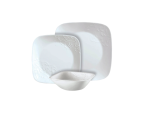 סט כלי אוכל Corelle Cherish 18 חלקים מרובע. הצלחות מעוטרות בתבליט פרחוני עדין ומלא חן.