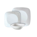 סט כלי אוכל Corelle Cherish 18 חלקים מרובע. הצלחות מעוטרות בתבליט פרחוני עדין ומלא חן.