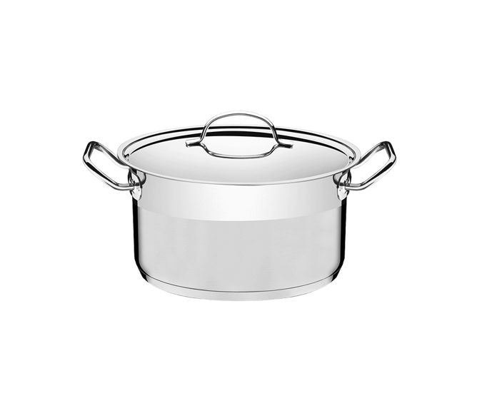 סיר ברזילאי מנירוסטה, עמיד לשטיפה במדיח, עם מכסה זכוכית מחוסמת ופתח אדים. סיר קדירה עמוק ורחב מנירוסטה Tramontina, בנפח 8.4 ליטר, עם מכסה זכוכית ושולי נירוסטה.