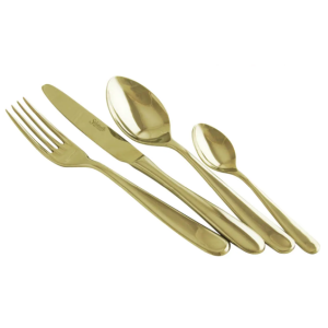 סט סכו"ם Grand Hotel של Salvinelli בציפוי PVD זהב. הכלים עשויים נירוסטה 18/10 איכותית ומתאימים לארוחות חגיגיות.