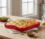 תבנית אפייה מלבנית לפוקצ'ה של Emile Henry, קרמיקה יפה ואלגנטית, המעוצבת לאפייה אחידה והגשה ישירה.