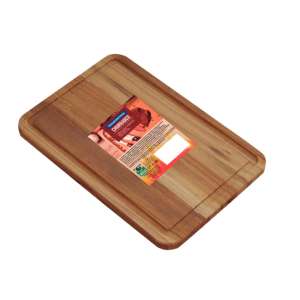 קרש חיתוך מלבני מבית Tramontina, עשוי עץ טרופי איכותי, המשמש לחיתוך ולהגשה של בשר וירקות.