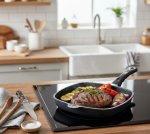 מחבת גריל עמוקה עם פסי צריבה גבוהים, מושלמת להכנת סימני גריל אופייניים לבשר, עוף וירקות.