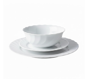 סט צלחות לבן 3 חלקים העשוי זכוכית מחוסמת, עם טקסטורה היקפית עדינה – כולל צלחת עיקרית 24.5 ס"מ, צלחת קטנה 15.5 ס"מ וקערה 16 ס"מ