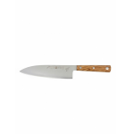 תקריב של סכין מטבח יפנית (סנטוקו) מבית Sico, דגם Face, עם להב רחב מחורץ.