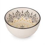 ערית פורצלן עמוקה 9 ס"מ מדגם Cartagena מסדרת Argila של RAK, בגוון שמנת עם עיטור מנדלה פנימי בשחור וחרדל ושפה שחורה