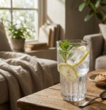 כוס זכוכית עמידה בטכנולוגיית DuraTuff עם משקה צלול וקרח על דלפק בר מעוצב.