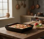 תבנית אפייה RAK Chef's Fusion שחורה עם לזניה איטלקית, שולחן עץ במטבח כפרי.