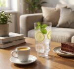 חוויית אירוח יוקרתית: כוס הייבול Modern America עם מים מרעננים וקפה.