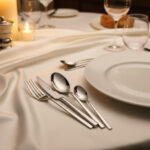 שולחן אירוח יוקרתי עם מפת בד לבנה, נרות, כוסות יין וסט סכו"ם Salvinelli דגם 250.