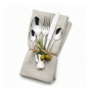 סכו"ם Salvinelli Export עטוף במפית פשתן עם ענף רוזמרין וזיתים.