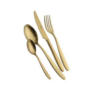 סט סכו"ם 24 חלקים Salvinelli דגם Fast Ice Gold בגימור זהב מט יוקרתי על רקע לבן.